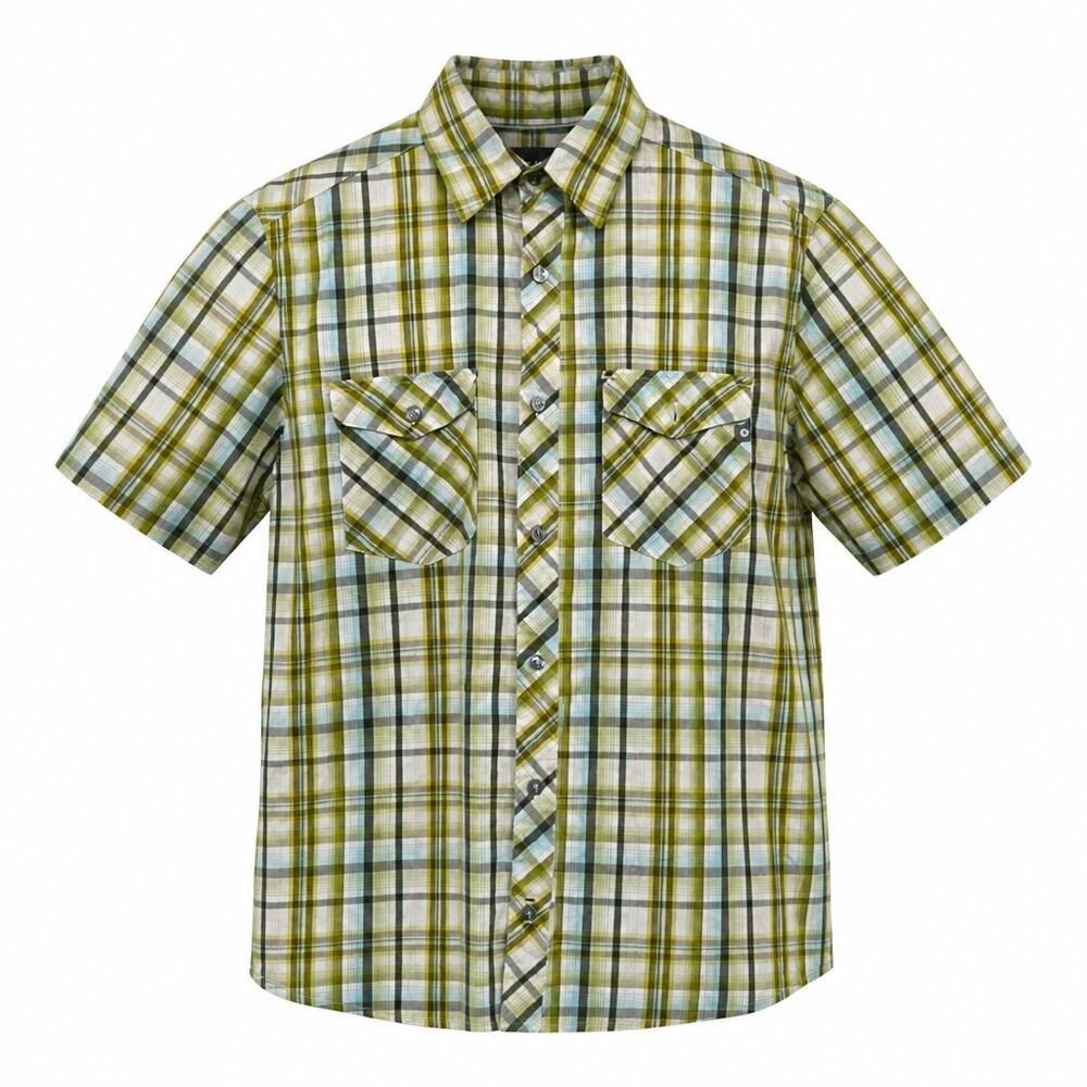 Marmot Men M Plaid Woven Short Sleeve Button Up Hiking Trail Camping Shirt Green